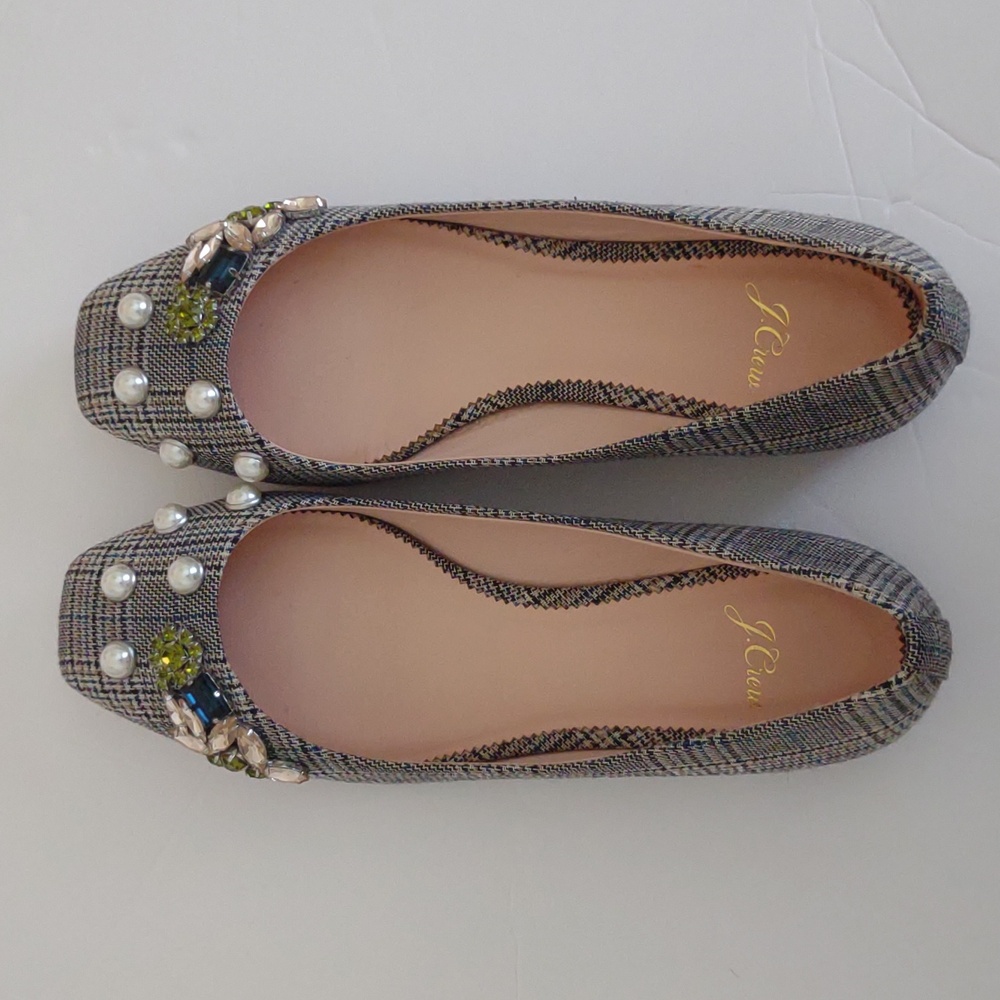 JCrew Gray Plaid Flats with Jewel Embellishments